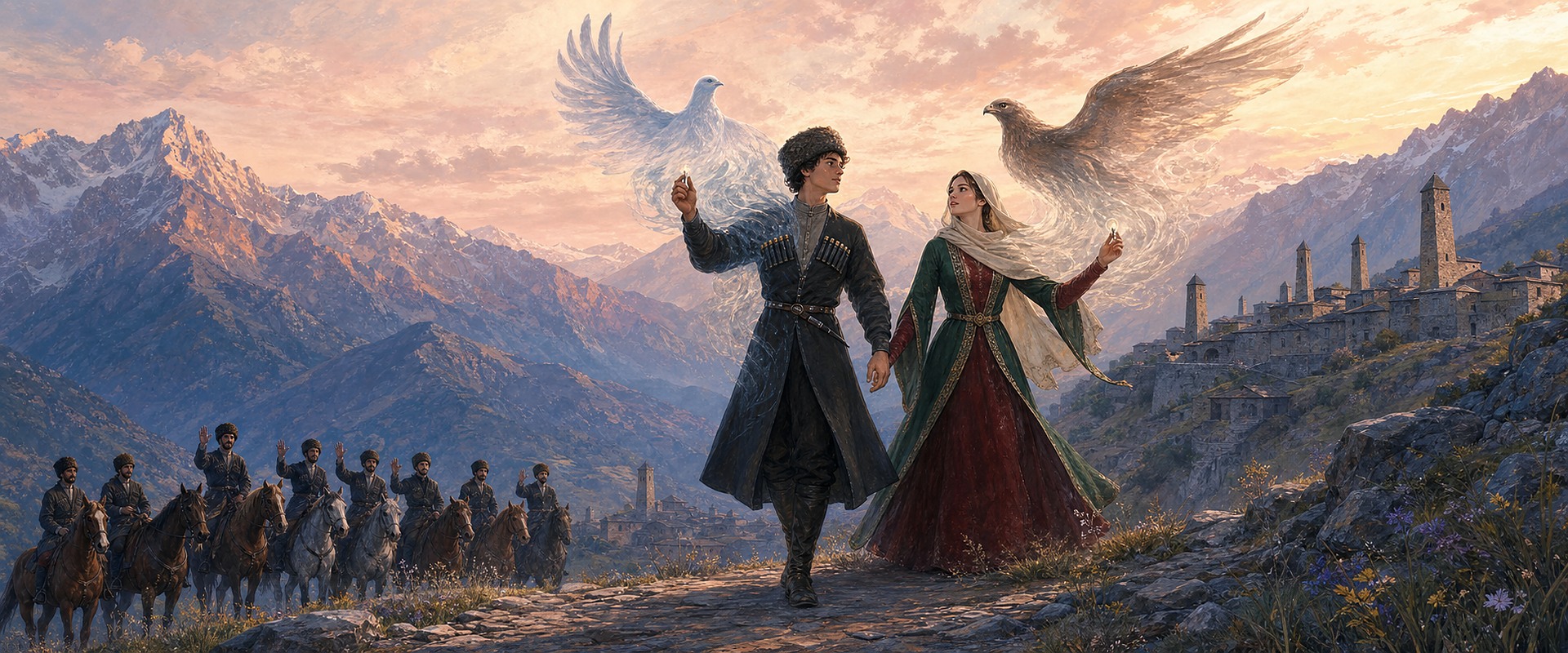 Алхаст и Малх-Азни превращаются в птиц над горным селением