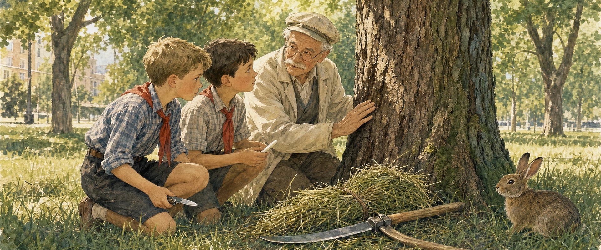 Иван Иванович объясняет мальчикам, почему важно беречь кору дерева