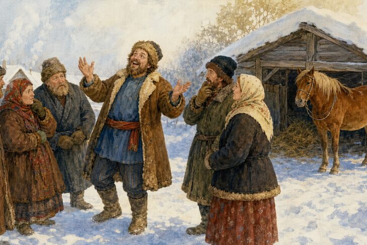 Доверчивый крестьянин рассказывает соседям нелепый слух в зимней деревне