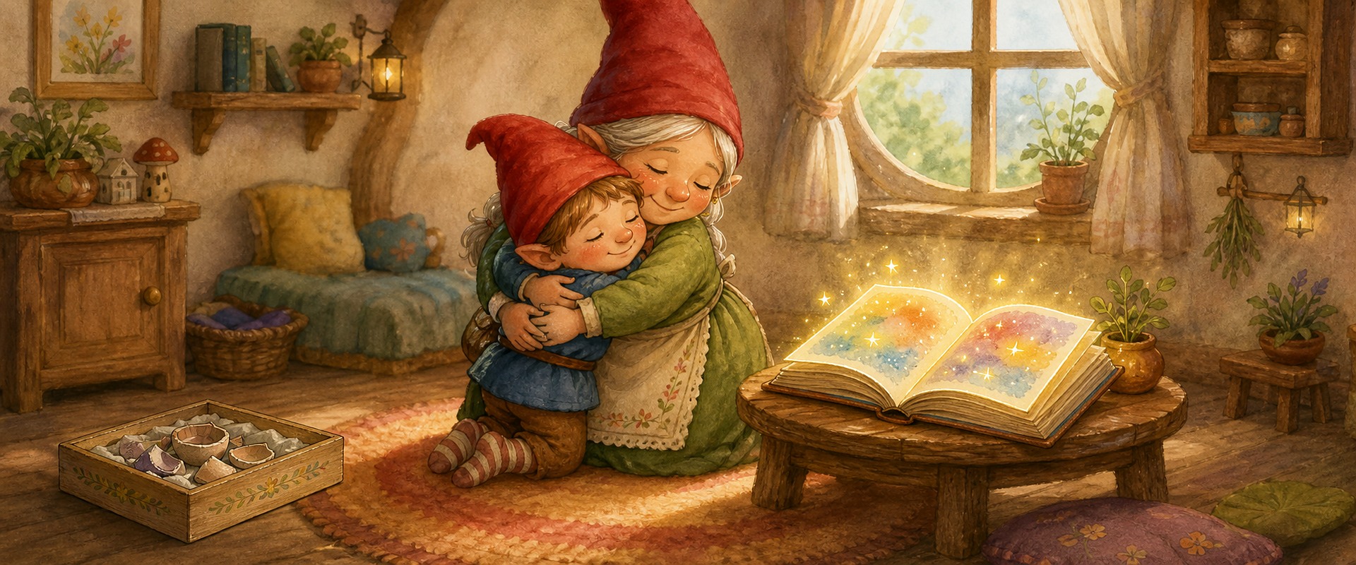 Маленький гномик мирится и обнимается с мамой