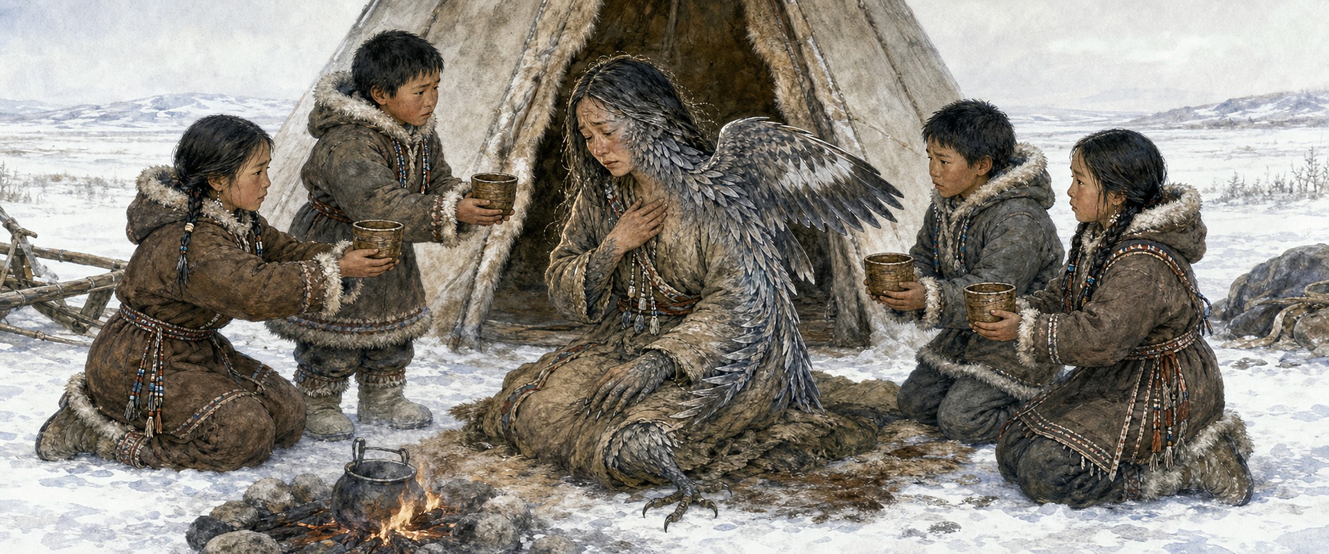 Мать превращается в кукушку, а раскаявшиеся дети несут ей воду