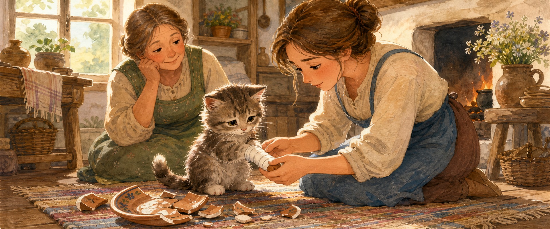 Хозяйка перевязывает лапку маленькому котёнку — сказка Маленький Котёнок