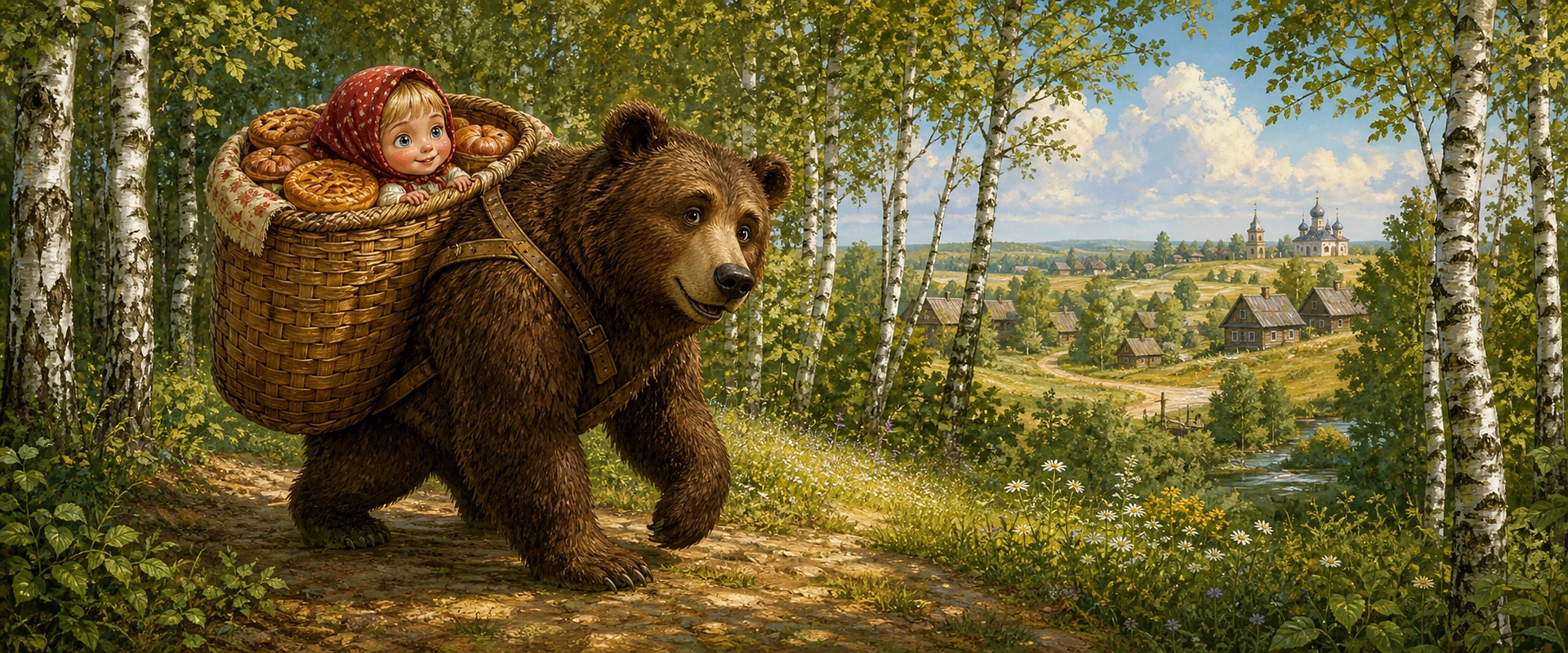 Медведь несёт к деревне корзину с Машей и пирожками