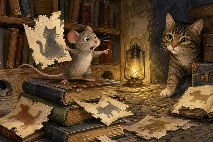 Библиотечная мышка встречает настоящую кошку среди книг