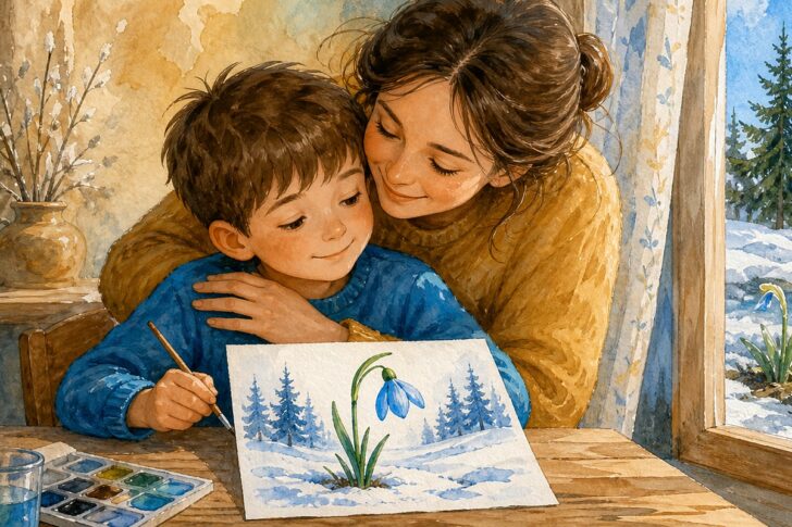 Мальчик рисует подснежник, оставленный расти в весеннем лесу