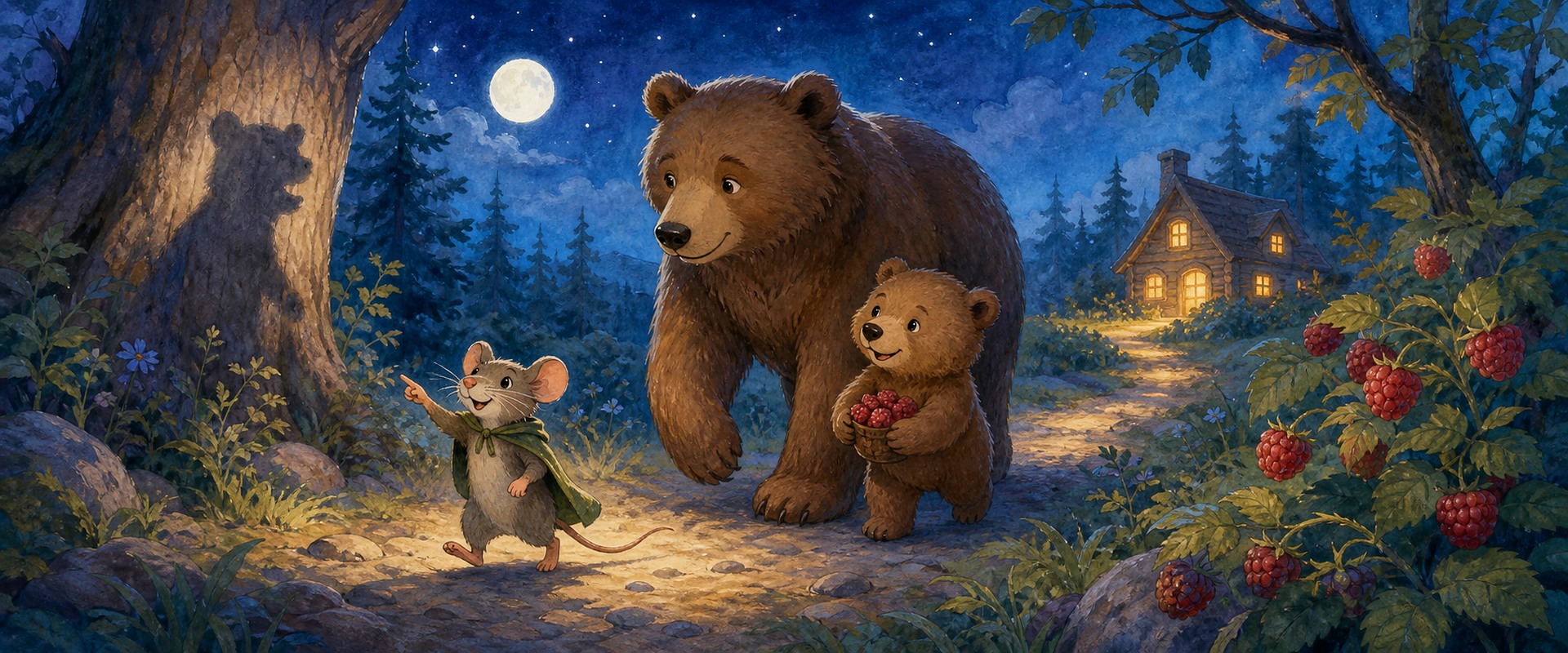 Мышка ведёт медведицу и медвежонка домой через ночной лес