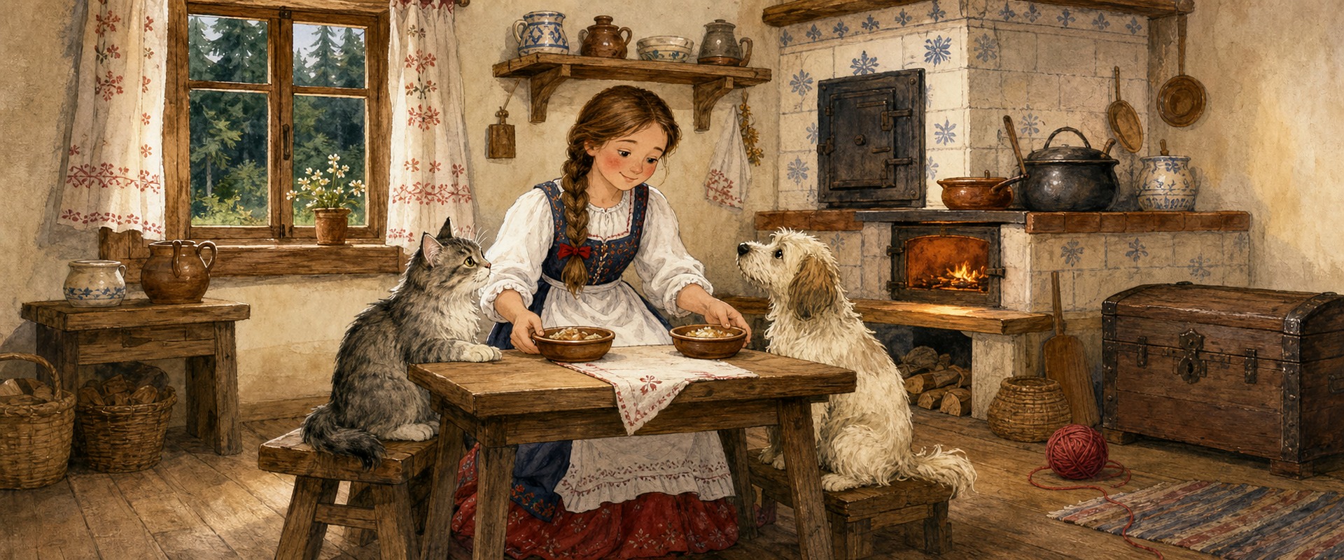 Маринка кормит кошечку и собачку в лесной избушке