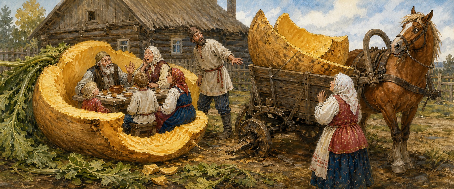Огромная репа кормит семью, а её тяжёлая корка ломает телегу