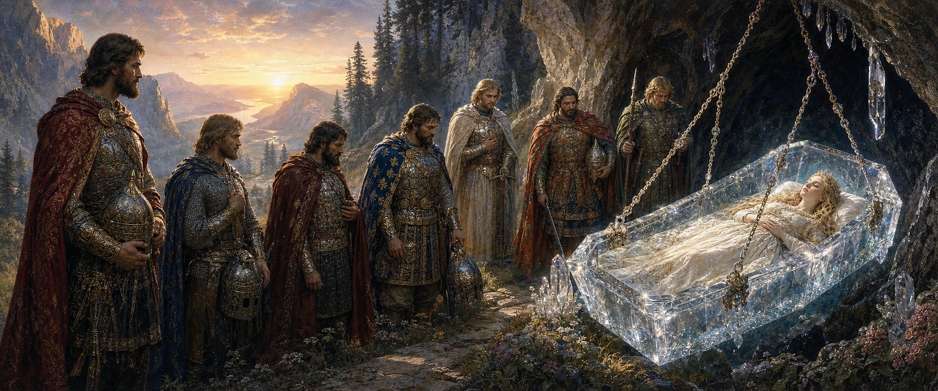 Семь богатырей нашли царевну в хрустальном гробу среди гор