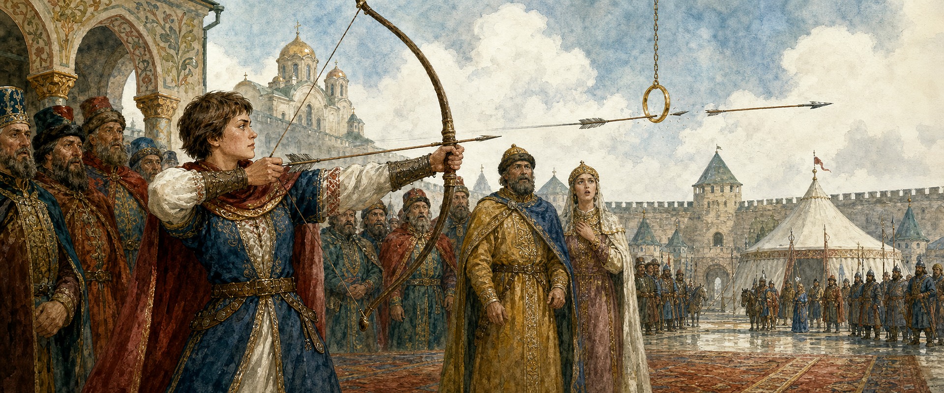 Василиса Микулична в образе посла поражает золотое кольцо стрелой