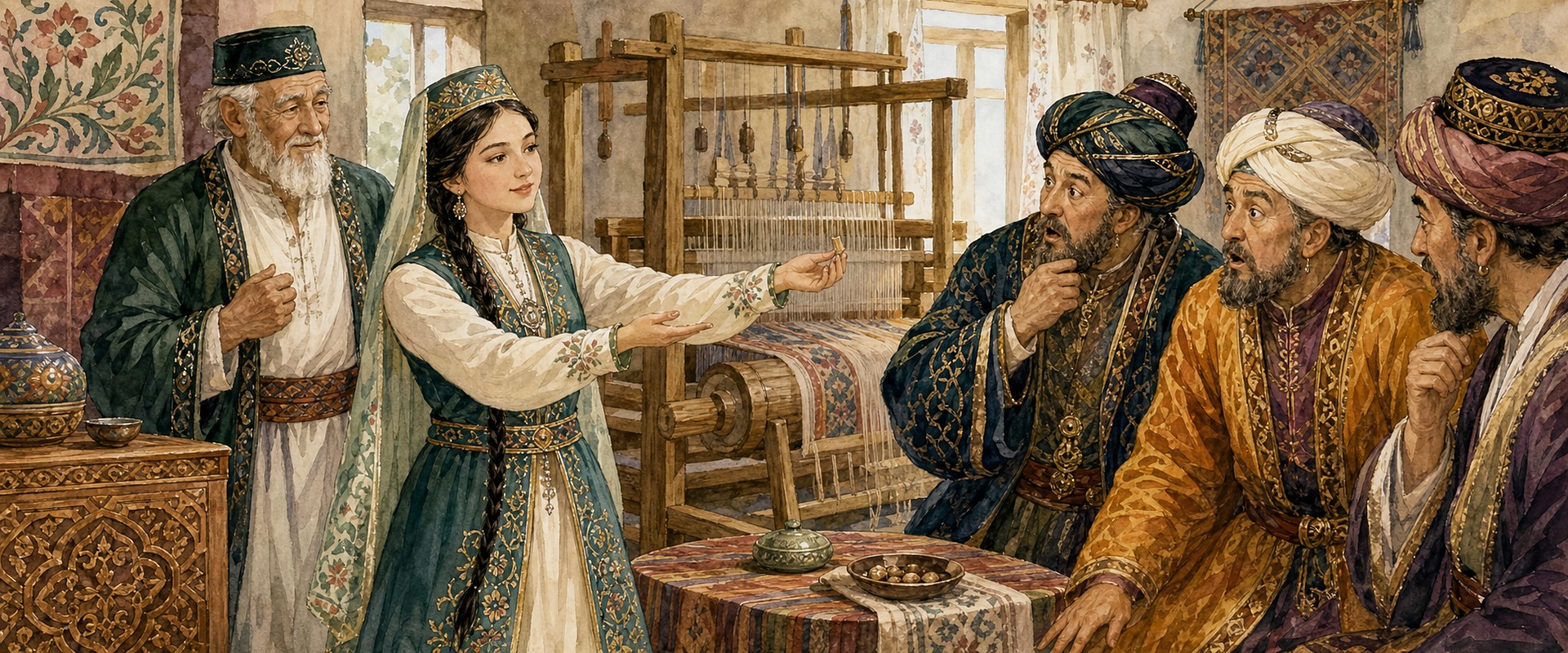 Умная девушка объясняет визирям своё решение у ткацкого станка