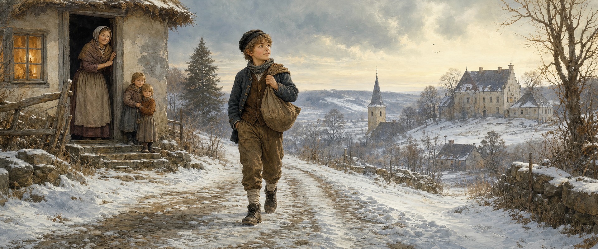 Пелле идёт по зимней дороге к пастору