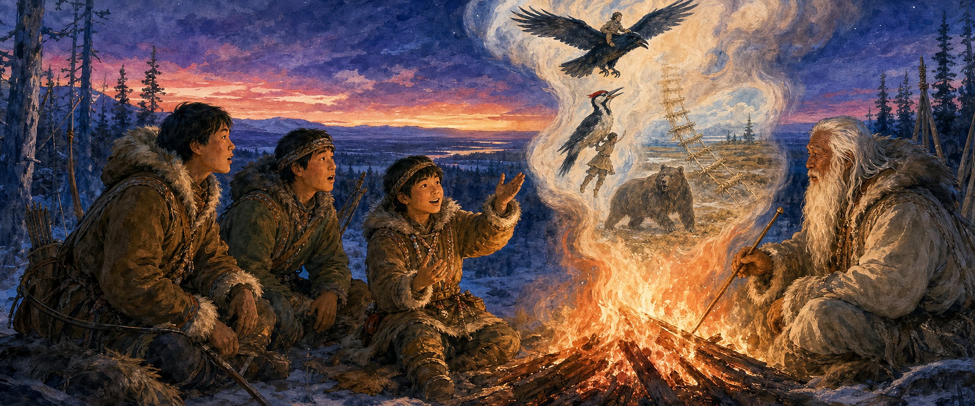 Младший брат рассказывает старику удивительную историю у огромного костра