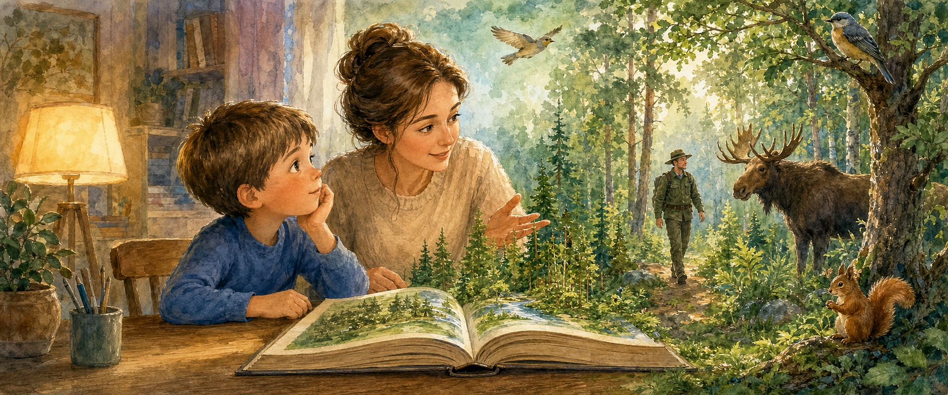 Вася с мамой узнают из книги о заповедном лесе и его обитателях