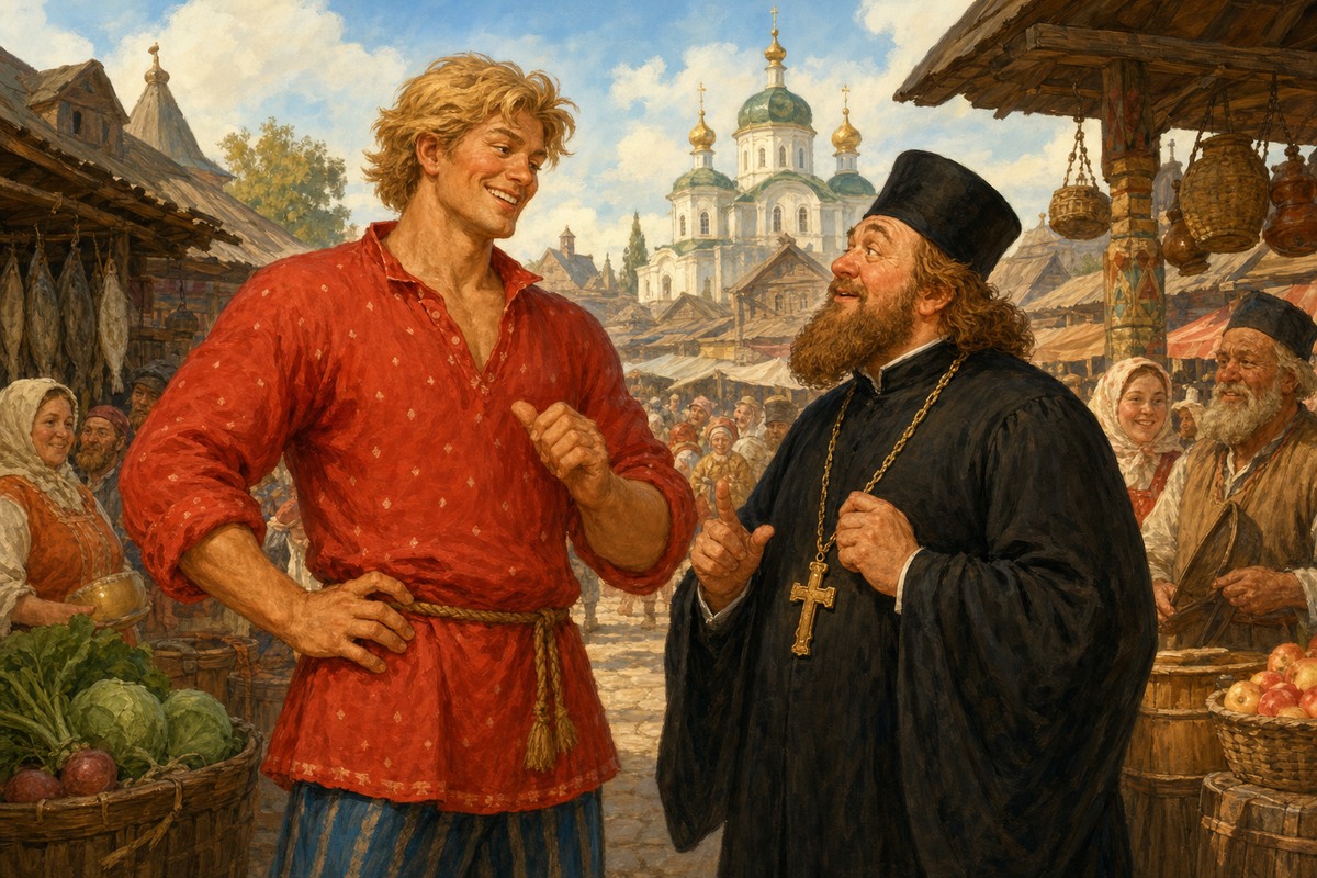 Балда встречает попа на базаре