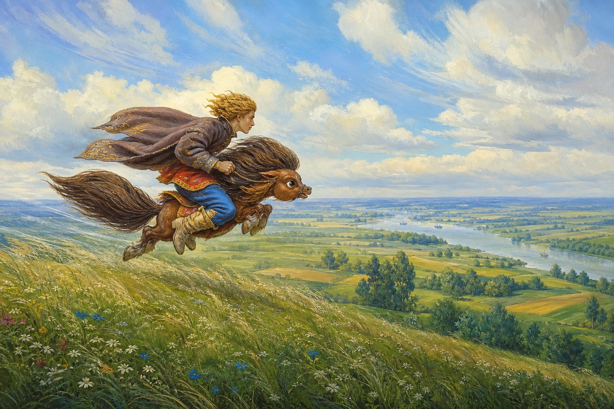 Иван скачет на Коньке-горбунке через поля