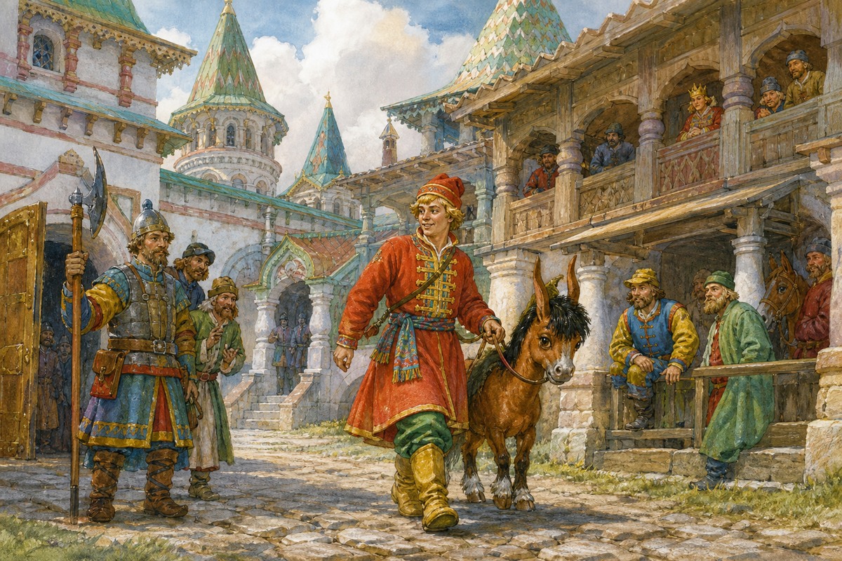 Иван ведёт Конька-горбунка по царскому двору
