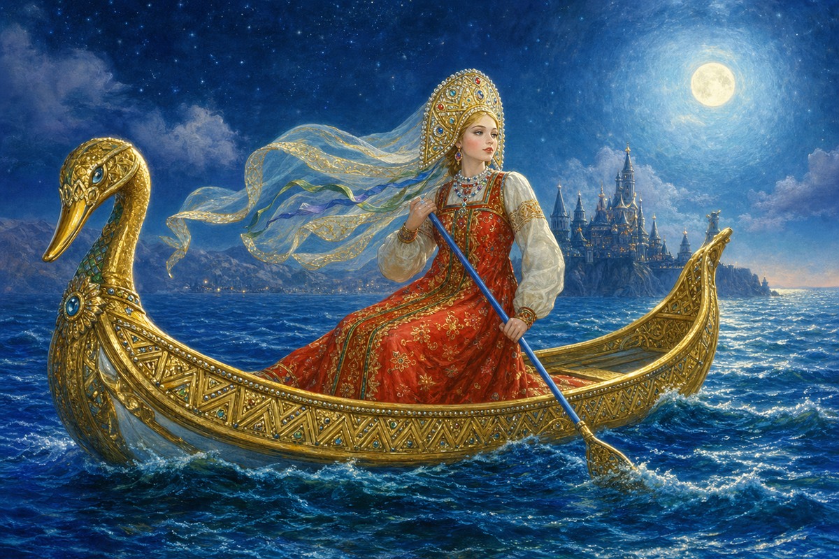 Царь-девица плывёт по синему морю в золотой ладье