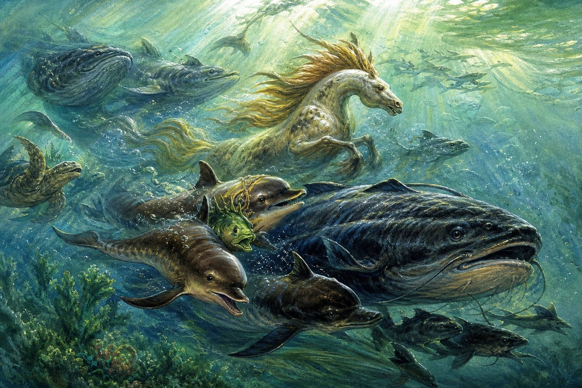 Морские чудища несутся в океанской глубине