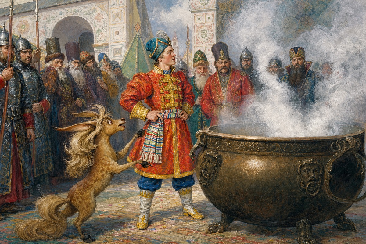 Иван стоит перед кипящим царским котлом