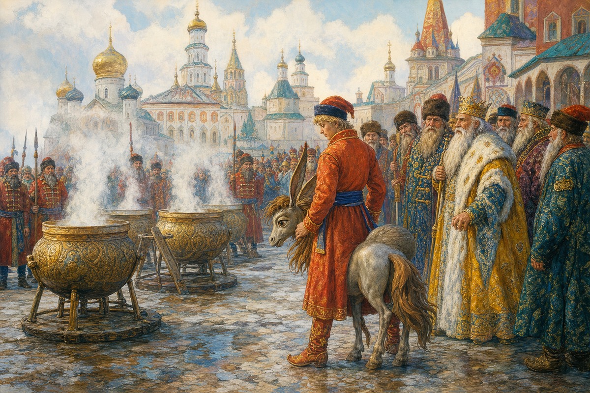 Иван готовится к испытанию у трёх котлов