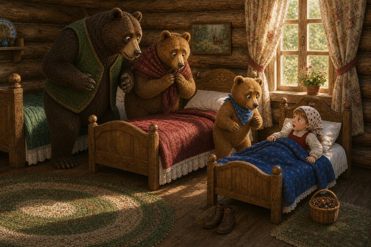 Три медведя находят Машу в кроватке